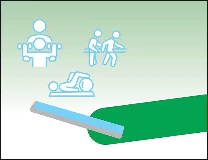 person holding smartphone that has icons showing various types of physical therapy floating above it