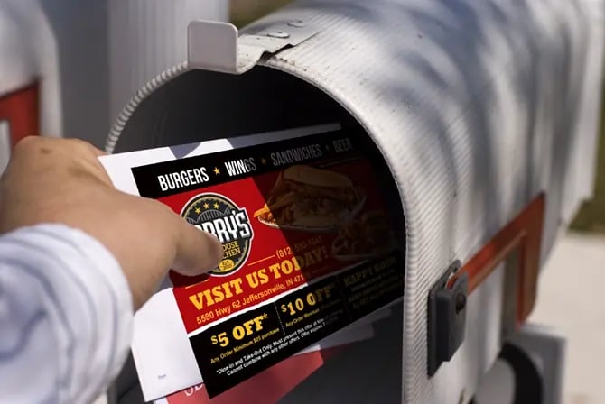 A Hand pulling mail from a mailbox, featuring a direct mail postcard