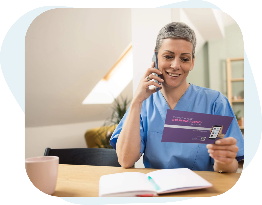 Nurse_On_Phone_Holding_Direct_Mail_Postcard