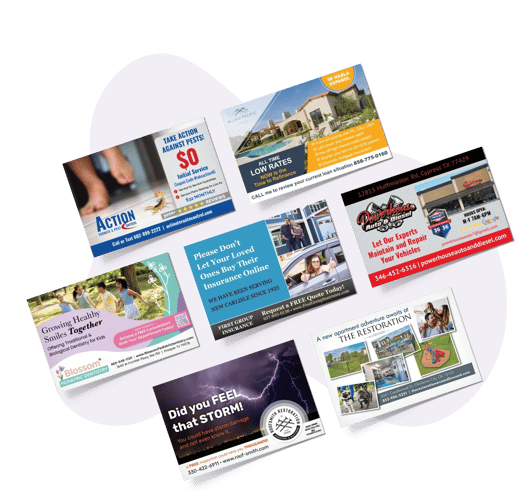 A group of postcards on a purple background.