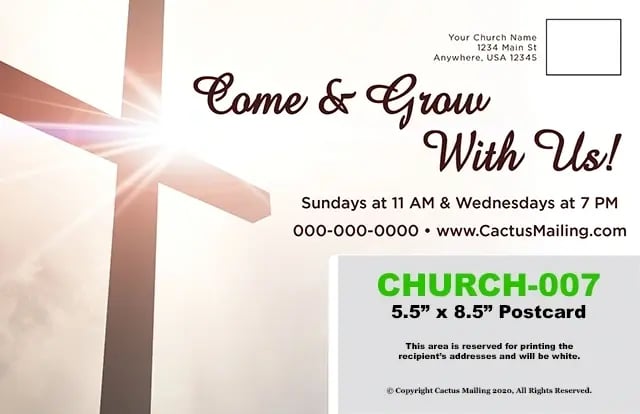 Sample church postcard design by Cactus Mailing Company.