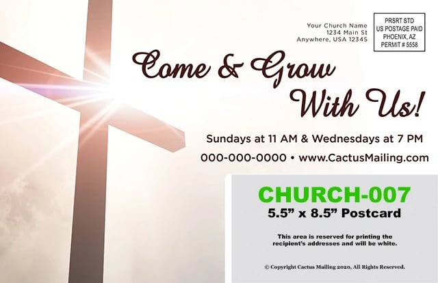 Sample church postcard design by Cactus Mailing Company.