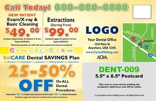 Sample dental postcard with promotional offers