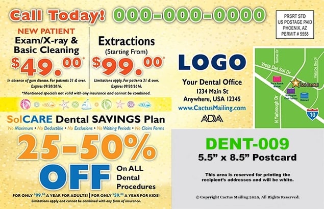 Sample dental postcard with promotional offers