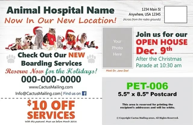 Sample Christmas themed pet services postcard