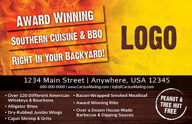 Restaurant postcard for Southern cuisine and BBQ.