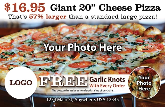Sample postcard design for a pizza restaurant.