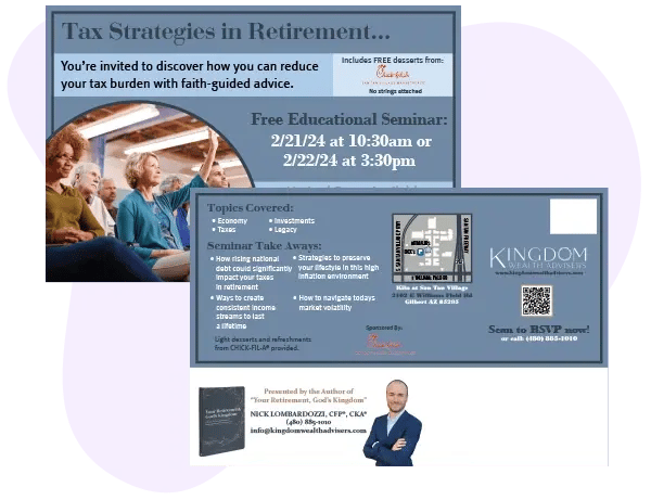 An example of a successful direct mail postcard for a retirement tax strategies seminar