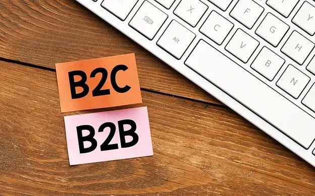 Sticky notes labeled B2C and B2B next to a keyboard
