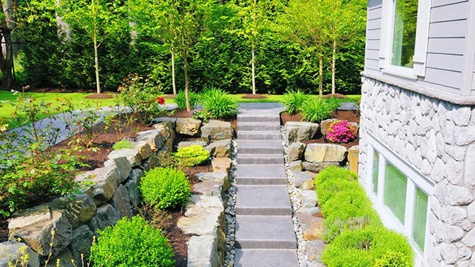 Image of a garden with hardscaping.