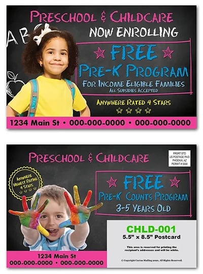 Example of a preschool marketing postcard with great imagery