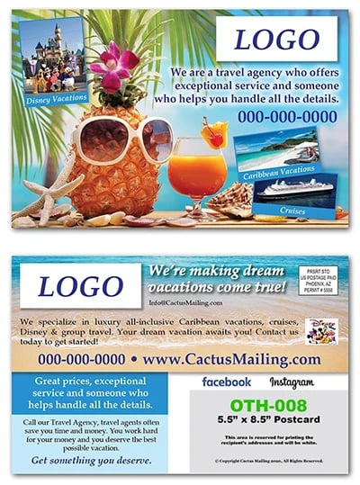 an example of a travel agency postcard with an effective offer