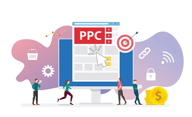 Illustration of people around a monitor with a PPC ad