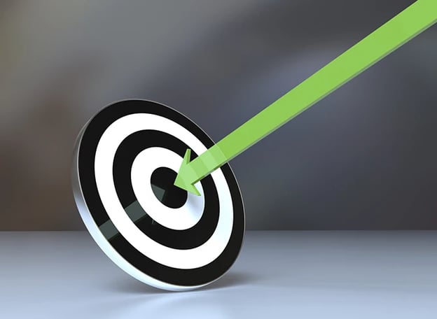 Photo of a bullseye target with a green arrow.