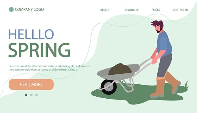 Homepage of a landscaping website with illustration of a landscaper carrying soil on a wheelbarrow