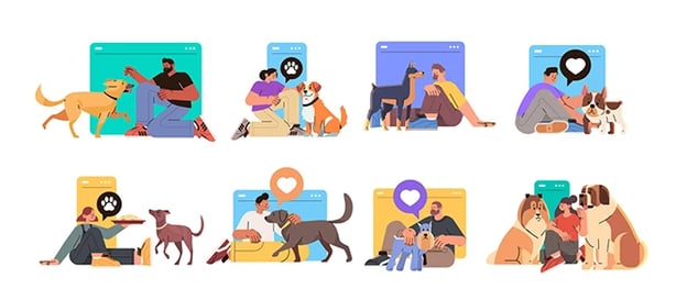 Illustration of social media posts of pet owners with cute dogs