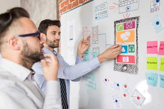Two men planning their content on a white board