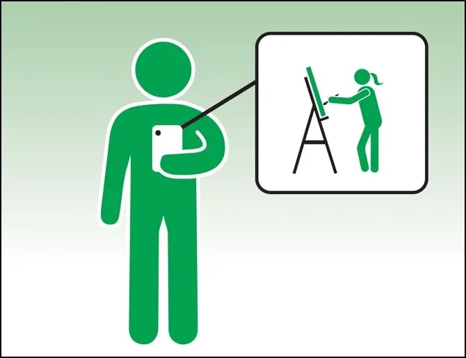 Man looking at smartphone, bubble on the side shows a picture of a young girl painting that has been posted to social media