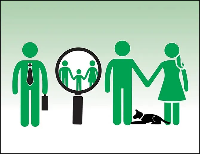 several people standing together, a magnifying glass reveals a family of three in the background which represents the ideal borrowers