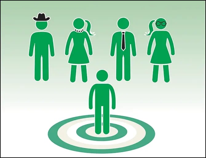 group of people with various accessories and one person standing in front of the group and in the center of a target on the floor