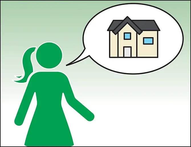 woman with speech bubble coming from mouth, picture of house inside speech bubble