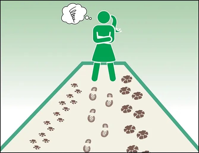 frustrated woman standing on carpet covered in muddy shoe prints and paw prints