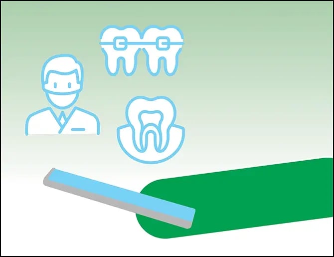 person holding smartphone with various icons related to orthodontics hovering above the screen