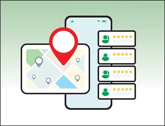 smartphone with google maps and google reviews displayed over the screen