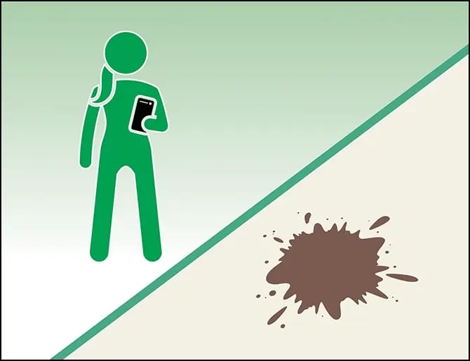 woman holding smartphone standing next to stained carpet