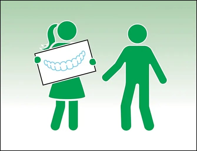 woman holding sign with image of aligner in front of a man