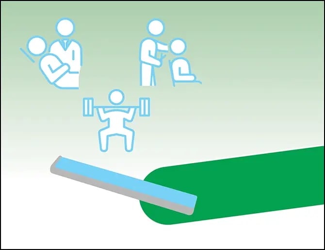 person holding a smartphone with icons of person working out, a person receiving a dental exam, and a person receiving a haircut displayed above the smartphone