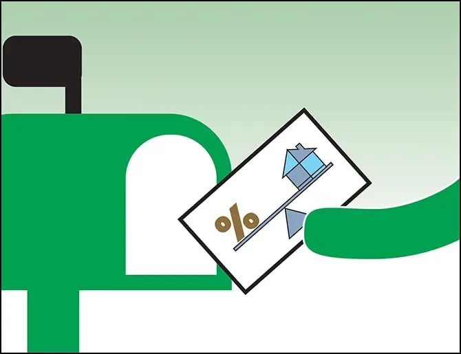 person pulling direct mail postcard from mailbox, a graphic showing a house and a percentage sign on opposite sides of a balance are displayed on the postcard