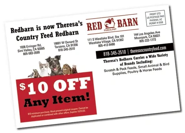 Direct mail postcard for Theresas Country Feed and Pet