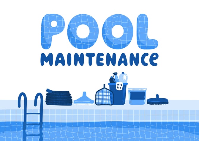 Swimming pool with lettering on white background and pool maintenance accessories.