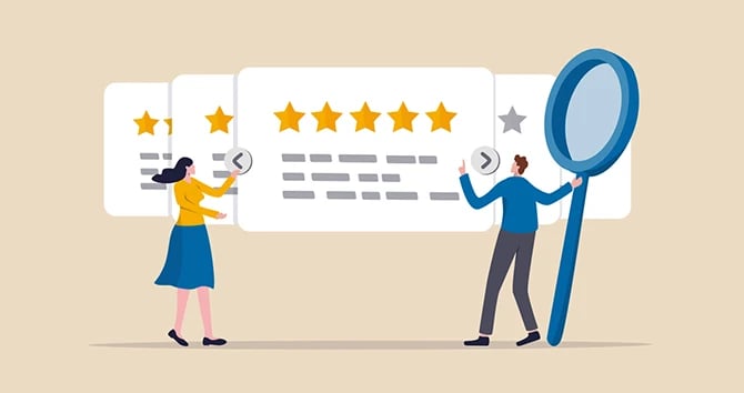 Illustration of marketing team monitoring and analyzing online reviews
