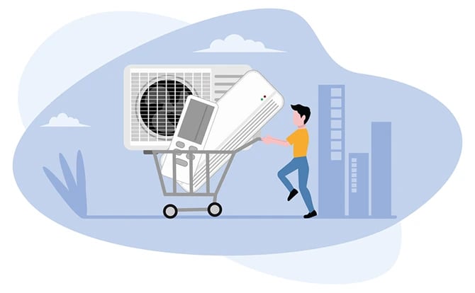 HVAC character illustration pushing air conditioning items in a shopping cart