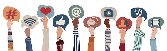 Illustration of people who communicate and connect on social networks with several hands holding various social media icons in a callout.