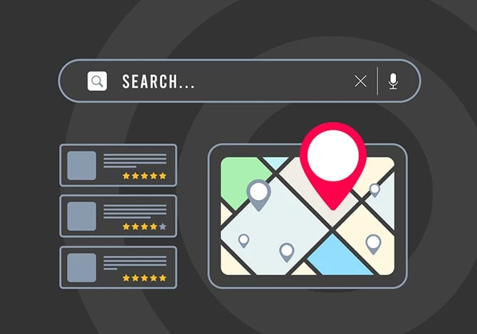 Illustration of a browser with a local business listing, map, and red pin icon. A search result with nearby places with star ratings.