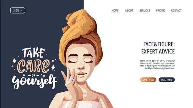 Illustration of lavish salon web design promoting skin care advice by an esthetician.