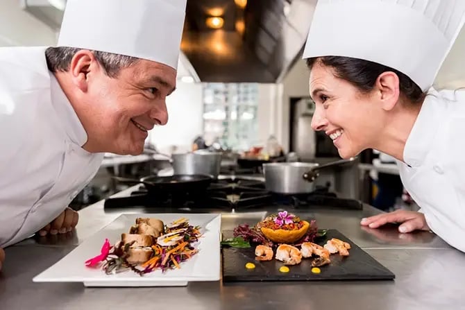 Two chefs preparing for Facebook marketing cook off-competition.