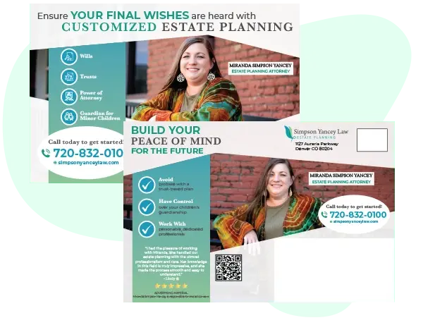 An example of a successful direct mail postcard for an orthodontist's officeAn example of the front of a direct mail postcard for an attorney's office