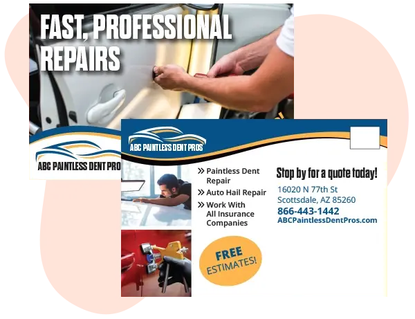An example of a direct mail postcard for a paintless dent repair shop