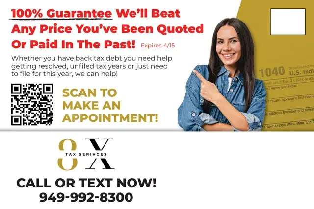 An example of the back of a direct mail postcard for a tax service firm.