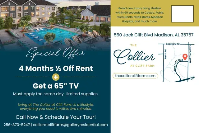 An example of the back of a direct mail postcard for an apartment complex