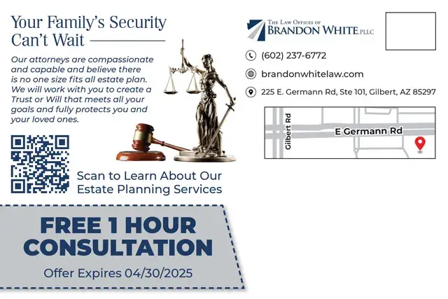 An example of the back of a direct mail postcard for an orthodontist's officeAn example of the front of a direct mail postcard for an estate planning attorney