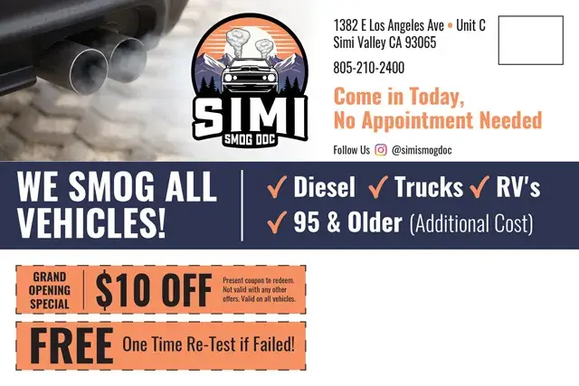 An example of the back of a direct mail postcard for an auto smog texting facility