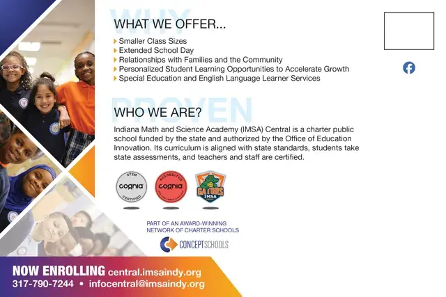 An example of the back of a direct mail postcard for a public charter school