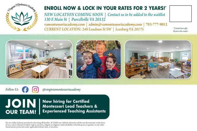 An example of the back of a direct mail postcard for a Montessori academy