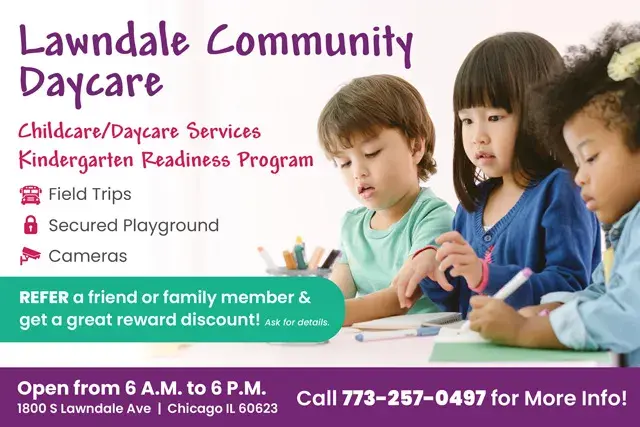 An example of the front of a direct mail postcard for a daycare center