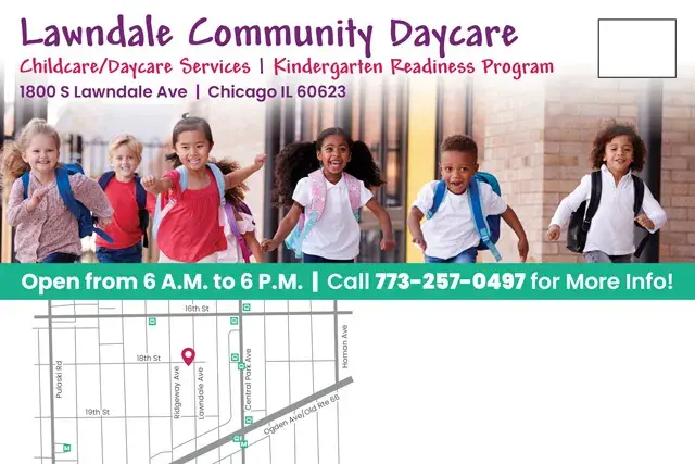 An example of the back of a direct mail postcard for a daycare center